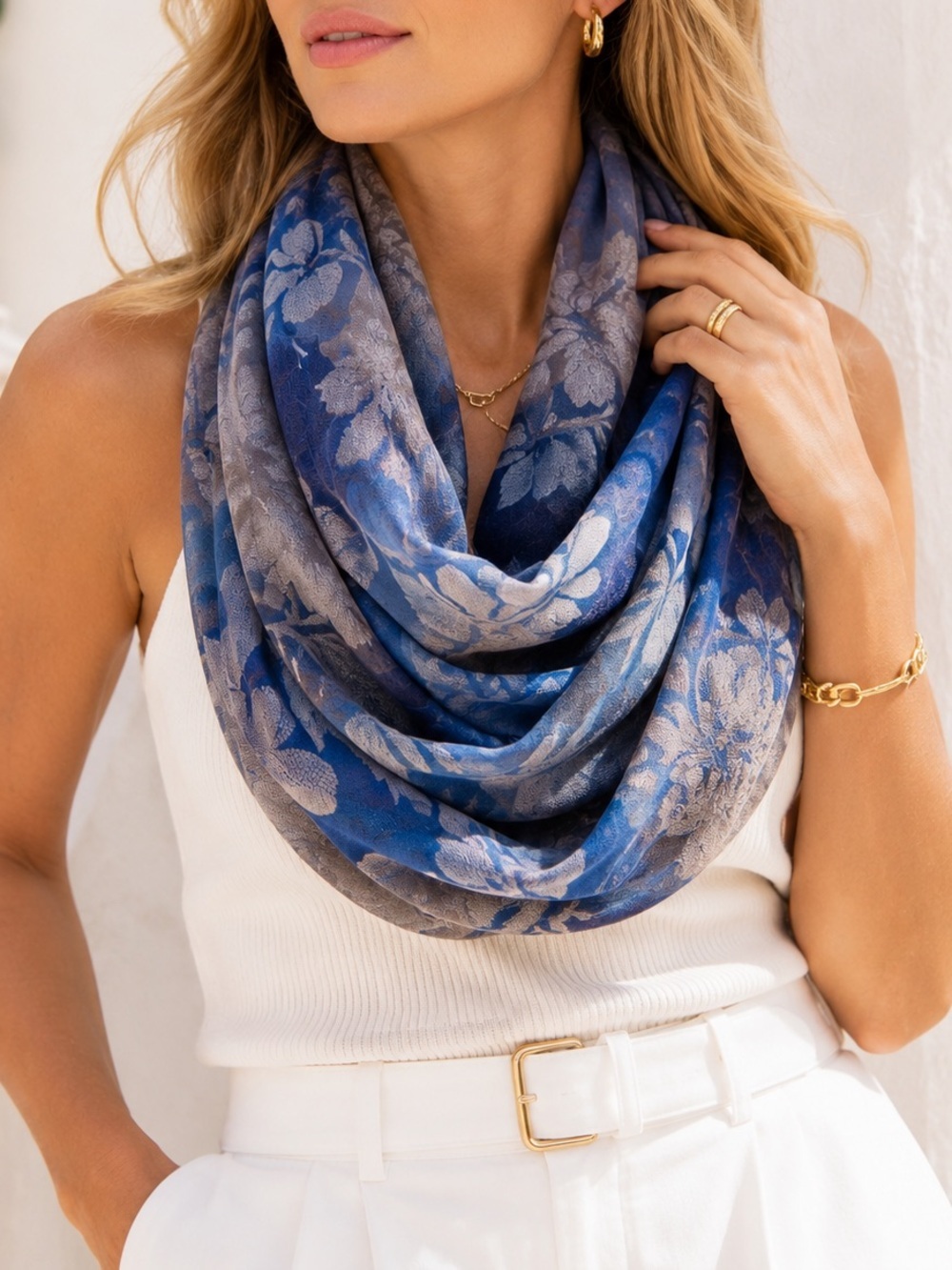 Nordstrom Floral Blue Gray Elegant Infinity Scarf Lightweight Soft Wrap